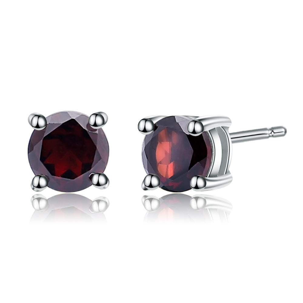 Natural Garnet Solitaire Round Cut Sterling Silver Studs Earrings for Women