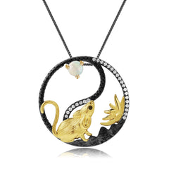 Chinese Style Element Design Zodiac Series Rat Natural Gemstone Pendant Silver Necklace for Women