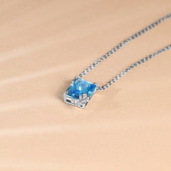 Rectangle Blue Zircon with Flower Pendant Silver Necklace for Women