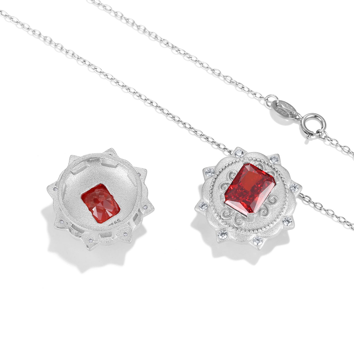 Palace Style Carved Round Pendant Rectangle Red Zircon Silver Necklace