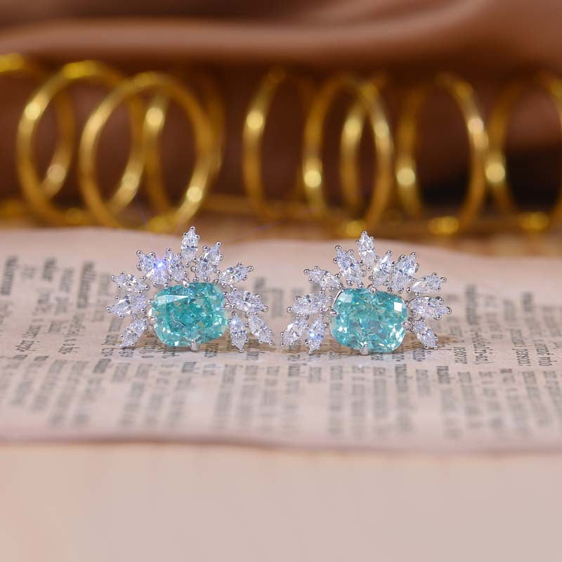 Green Zircon 9*11mm Rectangle Ice Cut Half Annular Petals Silver Studs Earrings for Women