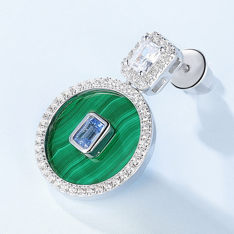 Round Shape Malachite Pendant Blue and White Zircon Sterling Silver Drop Earrings
