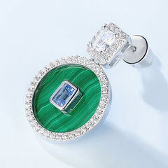 Round Shape Malachite Pendant Blue and White Zircon Sterling Silver Drop Earrings