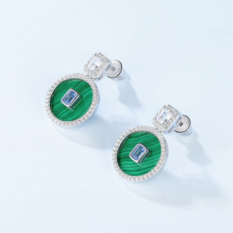 Round Shape Malachite Pendant Blue and White Zircon Sterling Silver Drop Earrings