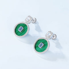 Round Shape Malachite Pendant Blue and White Zircon Sterling Silver Drop Earrings