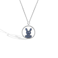 Blue Zircon Bunny Circle Pendant Silver Necklace for Women