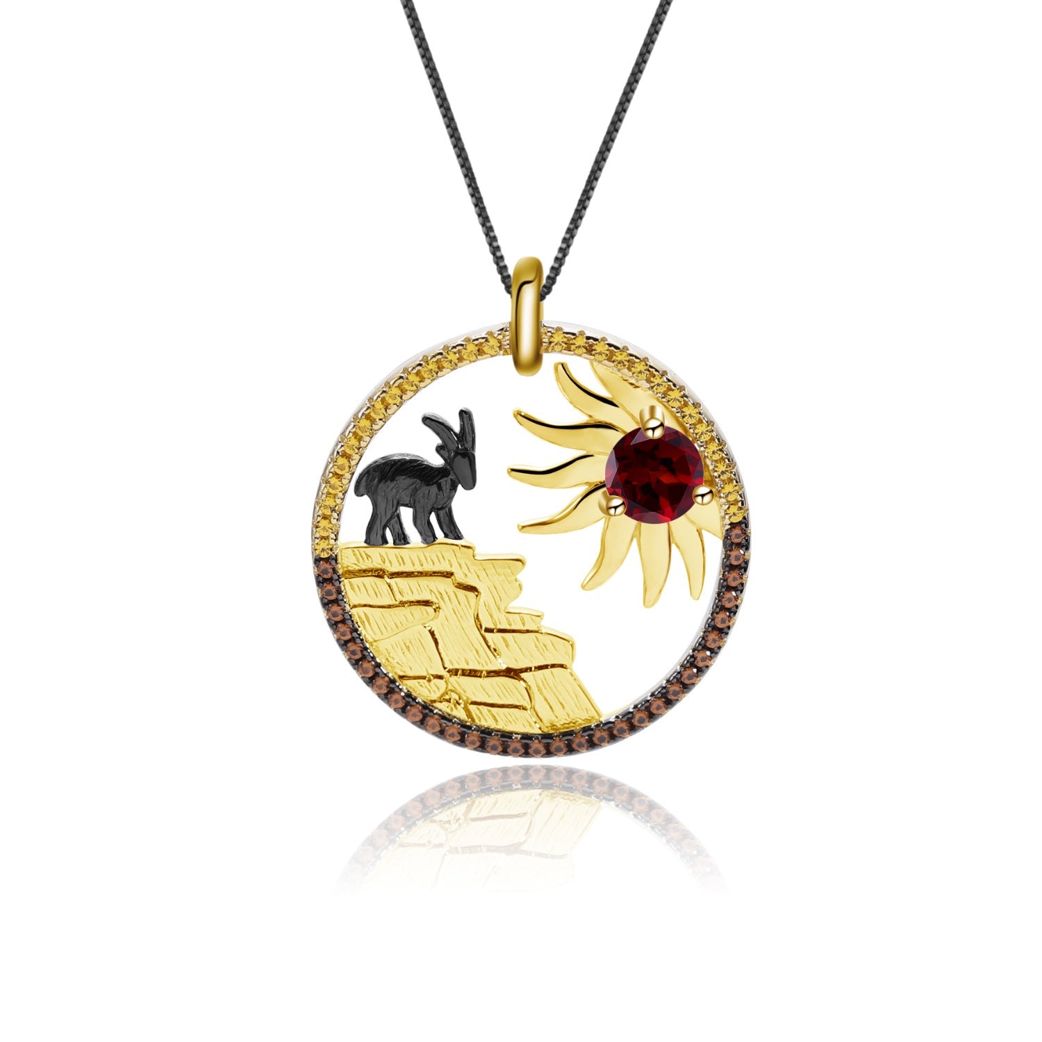 Animal Element Inlaid Natural Colourful Gemstone Goat Circle Pendant Necklace for Women