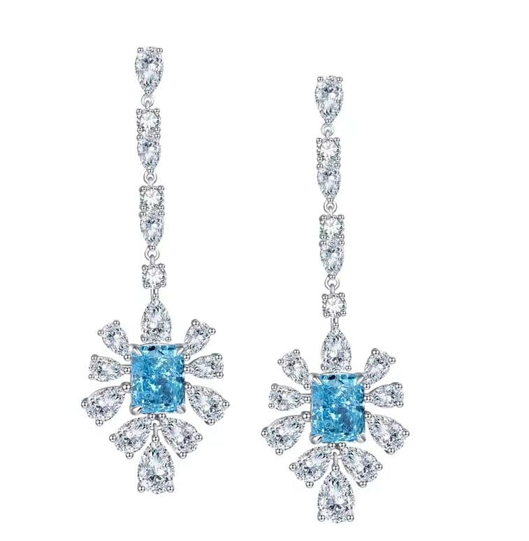 Blue Zircon 7*9mm Rectangle Ice Cut with Chain Annular Petals Silver Drop Earrings for Women