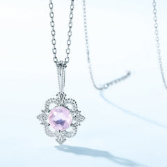 Round Cut Pink Crystal Flower Silver Necklace