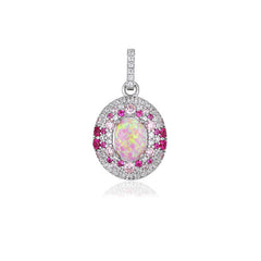 (Pendant Only) Pink Oval Opal Stone with Zircon Silver Pendant for Women