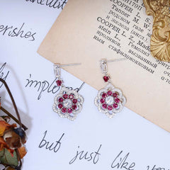 Lab-Created Ruby Flower Silver Drop Earrings