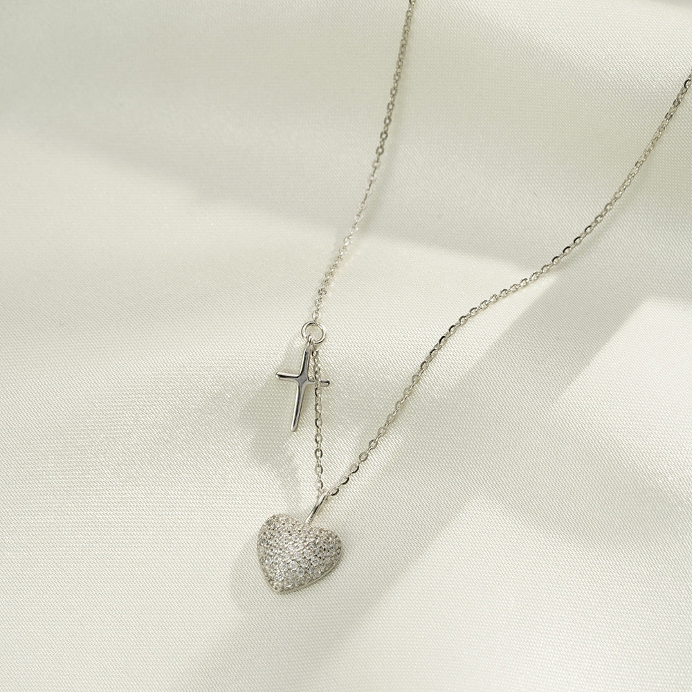 (Two Colours) White Zircon Heart with Crucifix Pendants Two-ply Collarbone Necklace for Women