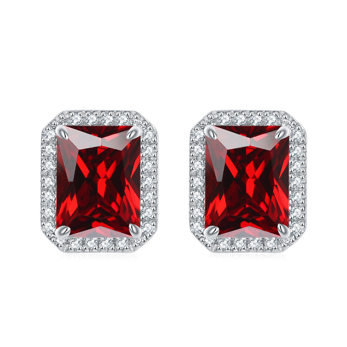 Rectangular Zircon Solesta Halo Silver Studs Earrings for Women