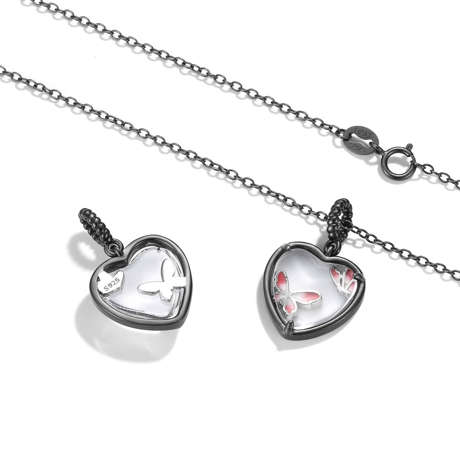 Butterfly Imprint Heart Shape Pendant Silver Necklace