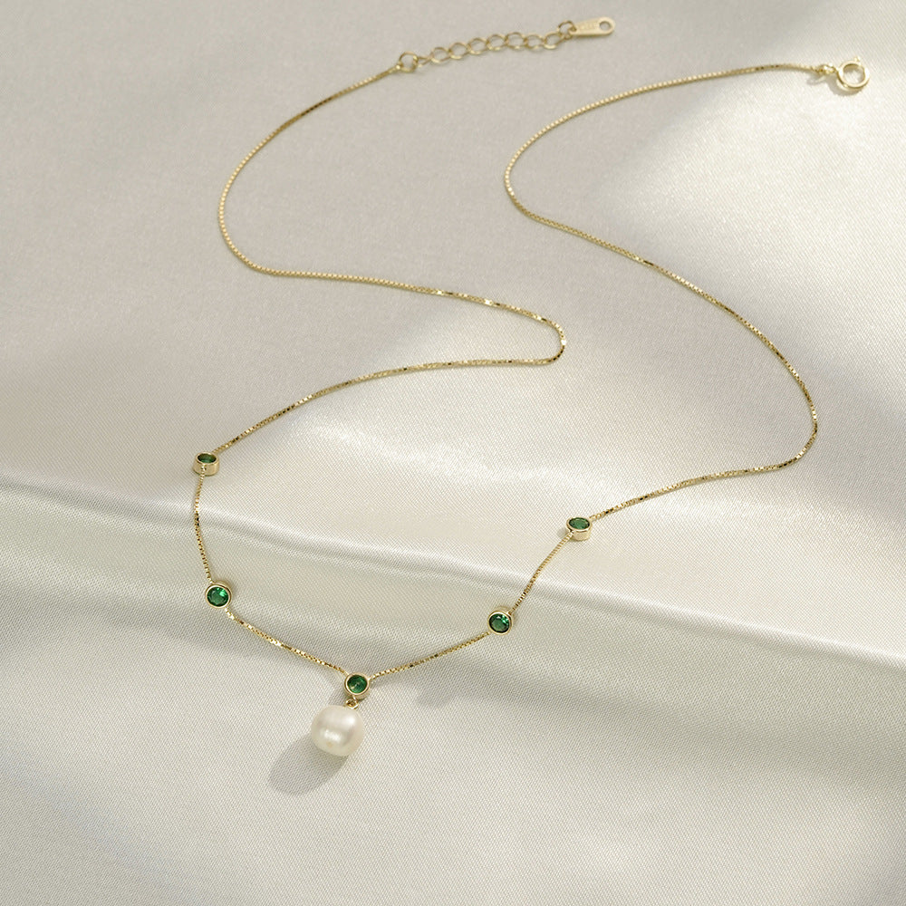 (Two Colours) Emerald Colour Zircon with Pearl Pendants 925 Silver Collarbone Necklace for Women