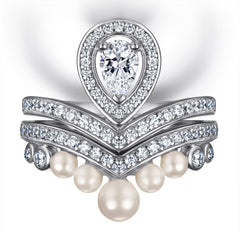 Pear Drop Zircon Soleste Halo with Pearl V-shape Silver Ring Set