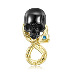 Halloween Black Skull and Golden Snake Silver Necklace