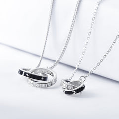 Double Circle Buckle Black Star Moon and Zircon Silver Couple Necklace for Women