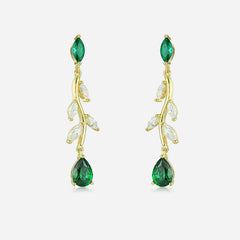 Green Zircon Vintage Branch Silver Drop Earrings for Women