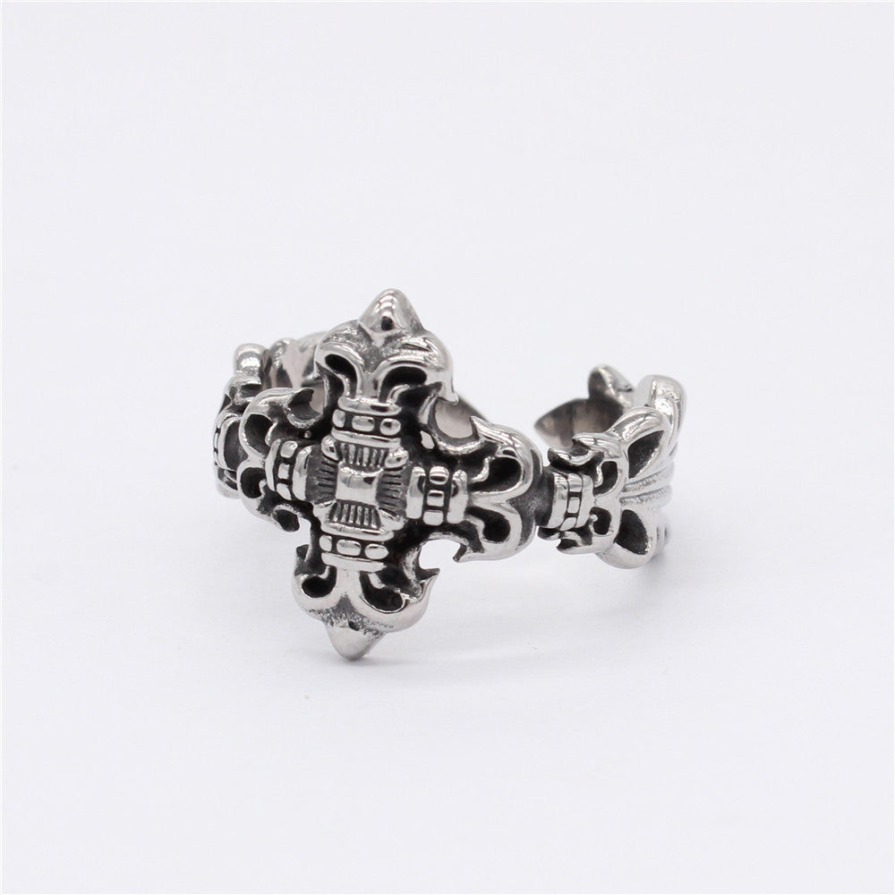 Gothic Cross Flower Open Titanium Steel Ring for Men