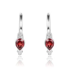 Romantic Pear Shape Natural Garnet Silver Hoop Earrings