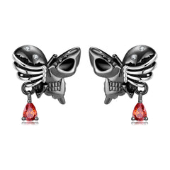 Halloween Skull Body Skeleton Butterfly Pear Shape Red Zircon Silver Stud Earrings