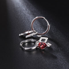 Romantic Pear Shape Natural Garnet Silver Hoop Earrings