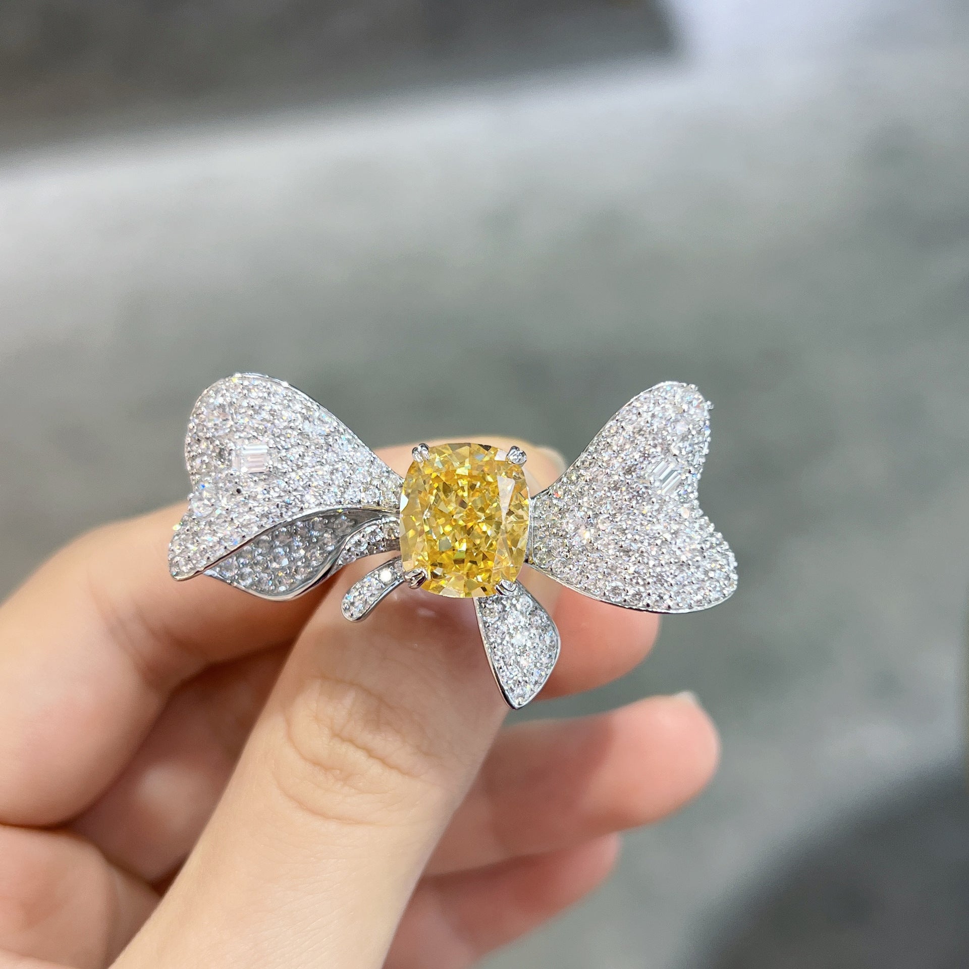 (Three Colours) Zircon 10*12mm Rectangle Ice Cut Bowknot Silver Ring for Women