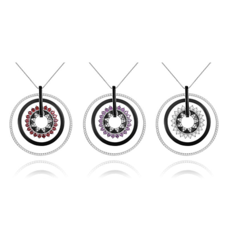 Natural Colourful Gemstones Enamel Circle Pendant Silver Necklace for Women