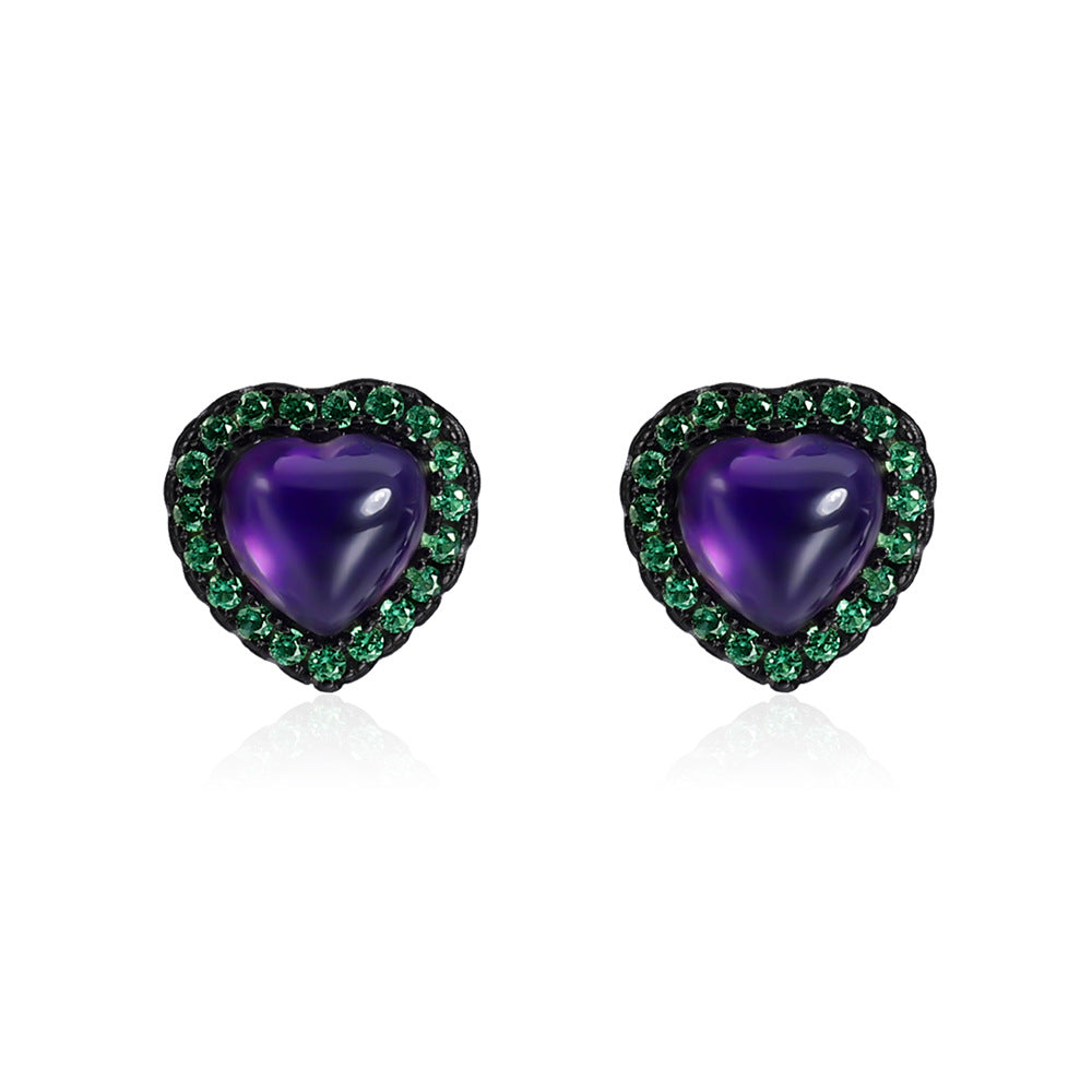 Personalized Natural Amethyst Love Silver Studs Earrings for Women