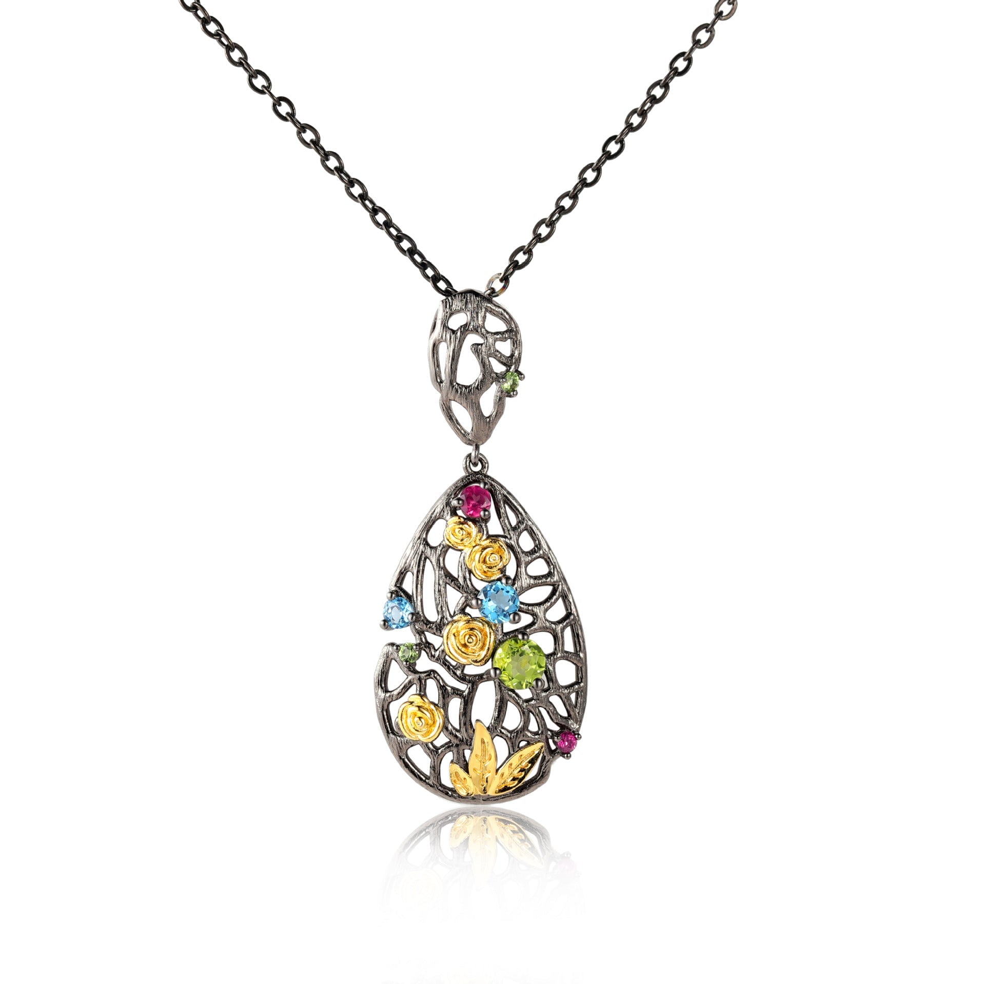 Retro Premium Jewelry Inlaid Colourful Gemstones Rose Garden Pendant Sterling Silver Necklace for Women