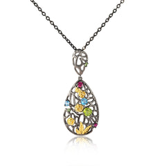 Retro Premium Jewelry Inlaid Colourful Gemstones Rose Garden Pendant Sterling Silver Necklace for Women