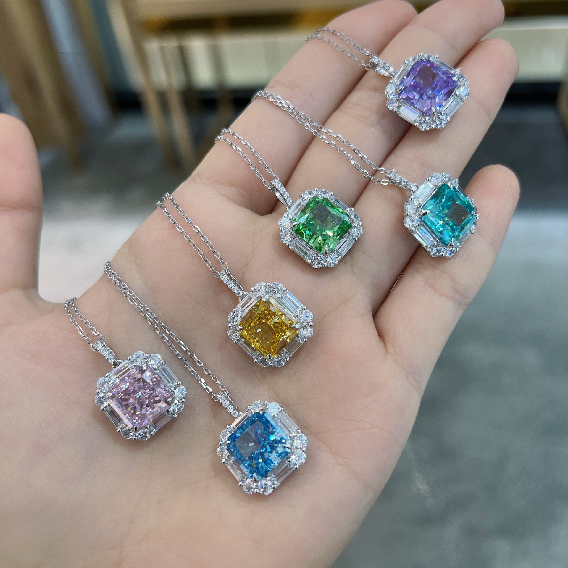 (Six Colours) Zircon 10*10mm Cushion Ice Cut Solitaire Pendants Necklace for Women