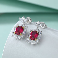 Oval Red Zircon Rectangle Silver Drop Earrings for Women