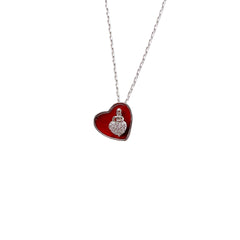 Heart-shape Red Agate with Zircon Pendant Silver Necklace for Women