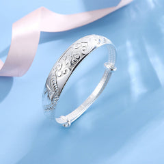 Mother's Day Gift Solid Wide Face with Pattern Push Pull Silver Bracelet for Women