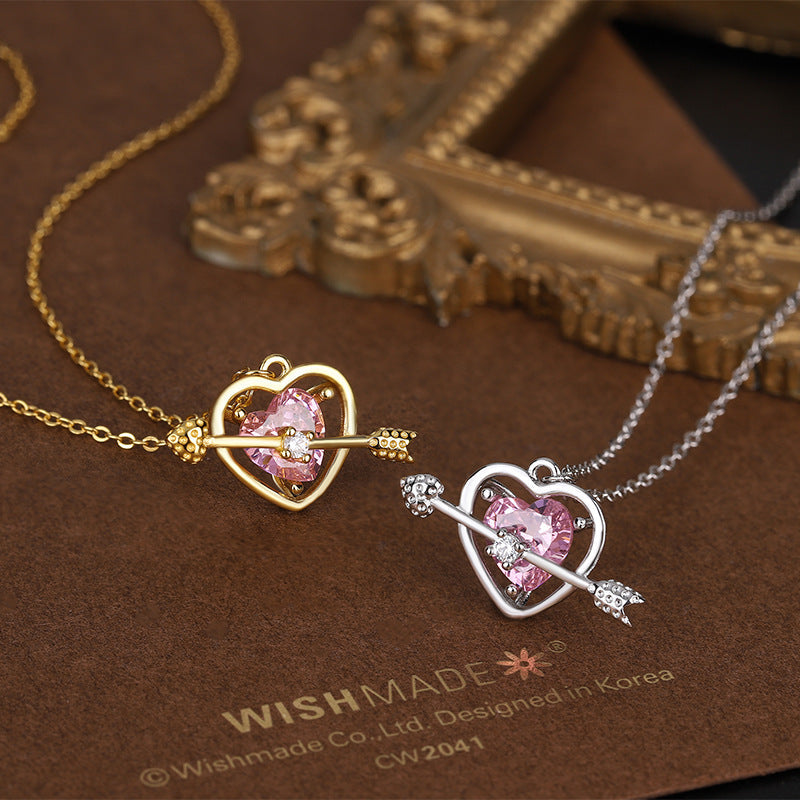 Pink  Zircon Cupid Arrow Heart Pendant Silver Necklace for Women