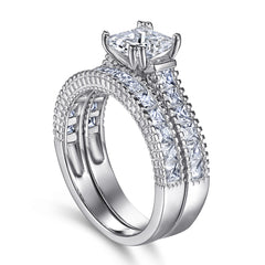 Princess Cut Zircon with Beading Silver Ring Set