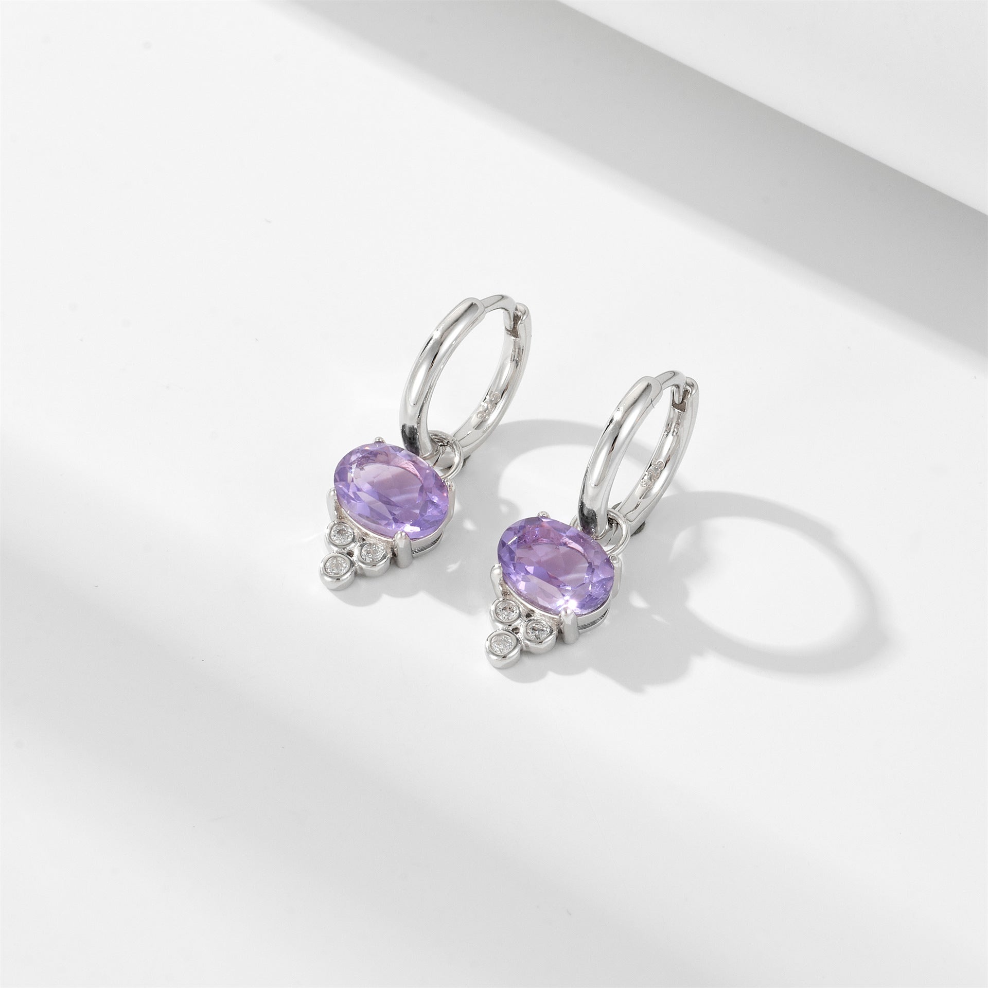 Oval Natural Amethyst Pendant Silver Hoop Earrings