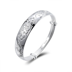 Mother's Day Gift Solid Wide Face with Pattern Push Pull Silver Bracelet for Women