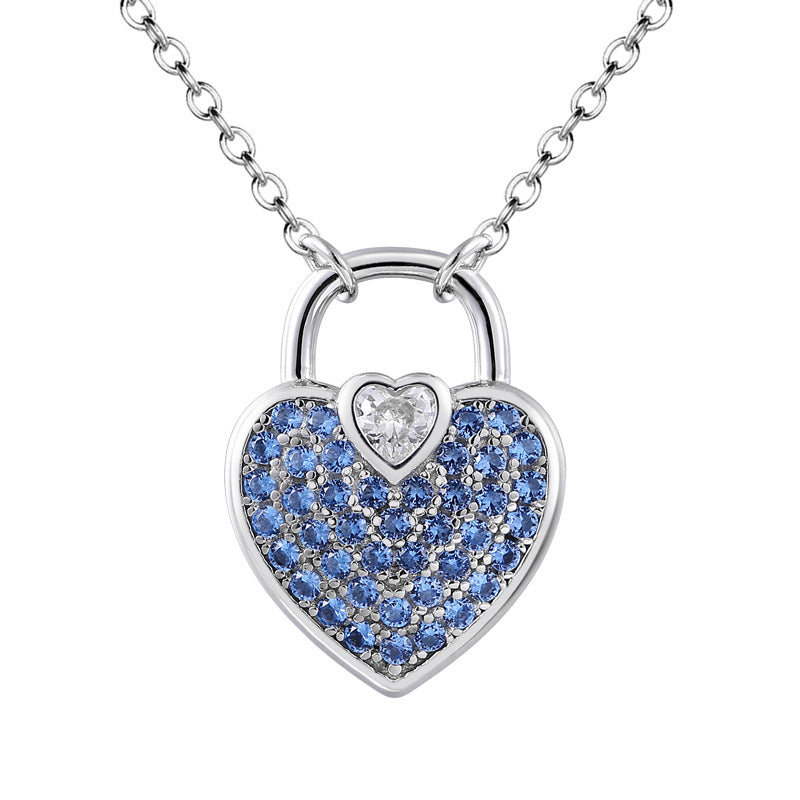 Heart Shape Lock Pendant Blue Zircon Sterling Silver Necklace