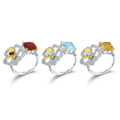 Butterfly Blossom Cushion Cut Natural Gemstone Opening Silver Ring