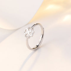 Hollow Four-leaf Lucky Grass Silver Ring for Women