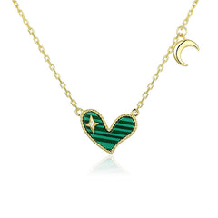 Heart-shape Malachite with Zircon Star and Moon Silver Necklace for Women