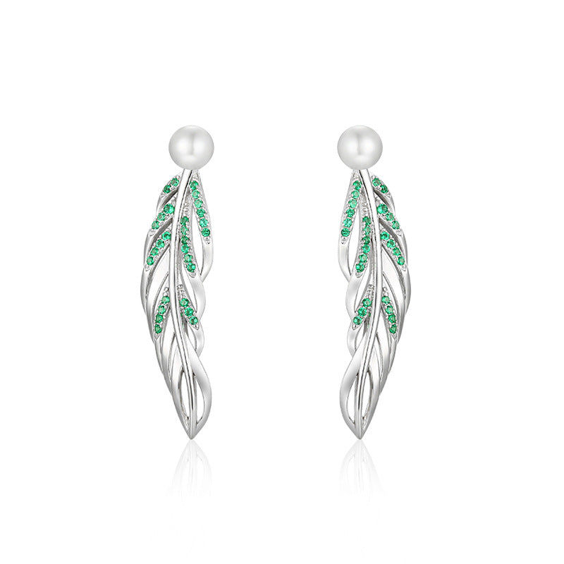 Green Zircon Feather with Freshwater Pearl Silver Drop Earrings for Women