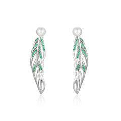 Green Zircon Feather with Freshwater Pearl Silver Drop Earrings for Women