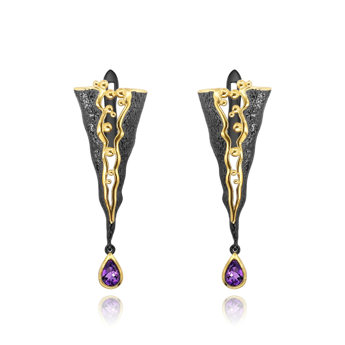 Italian Design Inlaid Natural Amethyst Geometric Triangle Silver Drop Earrings for Women