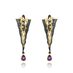 Italian Design Inlaid Natural Amethyst Geometric Triangle Silver Drop Earrings for Women