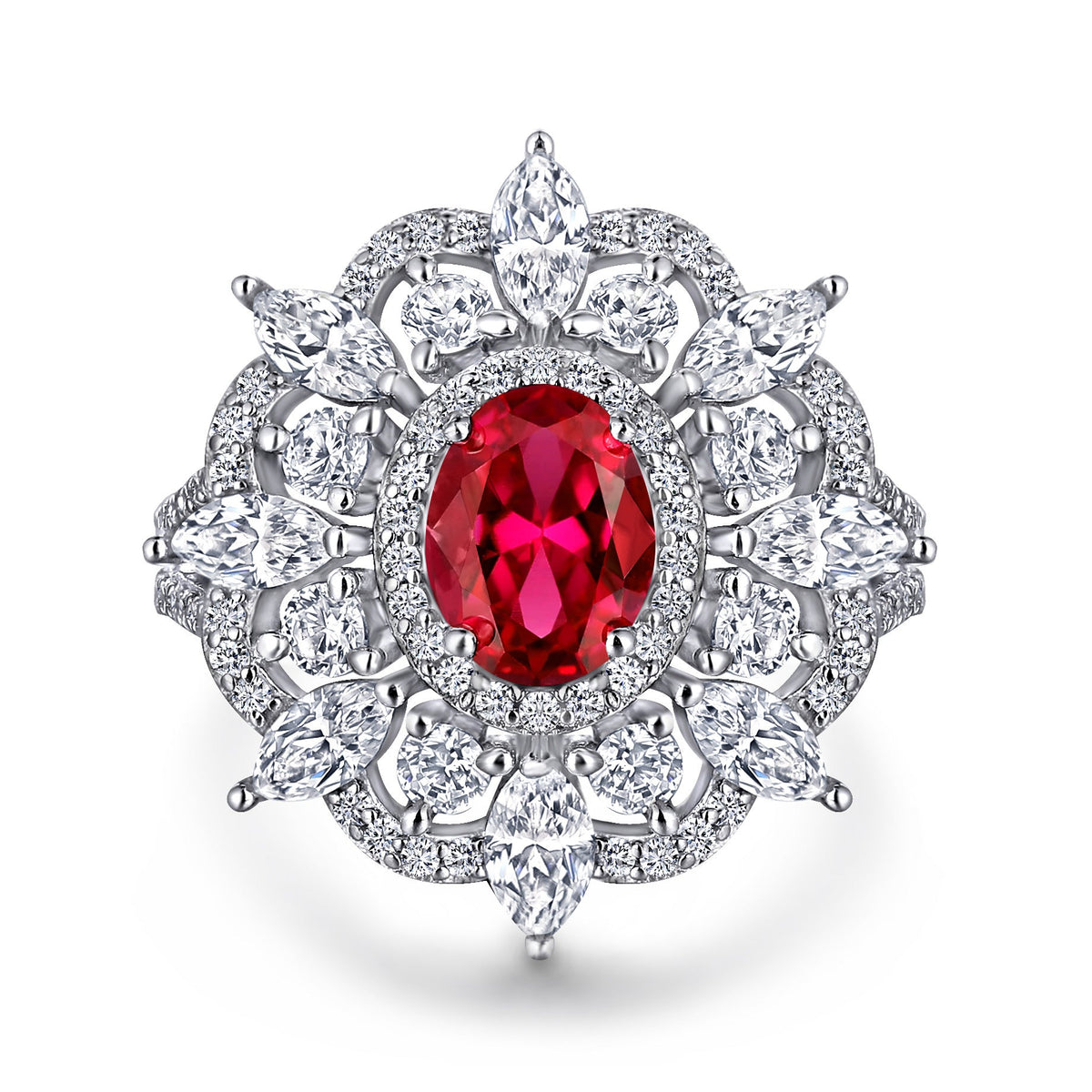 (1.5CT) Ice Cut Red Zircon Sumptuous Flower Silver Ring for Women