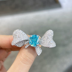 (Three Colours) Zircon 10*12mm Rectangle Ice Cut Bowknot Silver Ring for Women